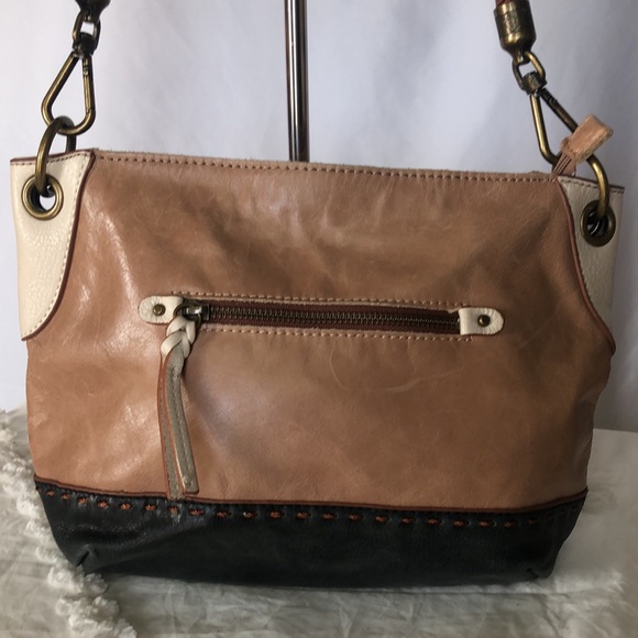 THE SAK tan, cream, and navy blue genuine leather shoulder bag. Braided strap. - Picture 2 of 14